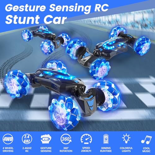 Gesture Sensing RC Stunt Car,Hand RC car Toys Gifts for 5-13 Boys | 4WD Drift Hand Controlled 360° Flips Trick Car with Lights & Music, Toys car is Cool Birthday Gift for Kids Ages 4-12 - color: Blue