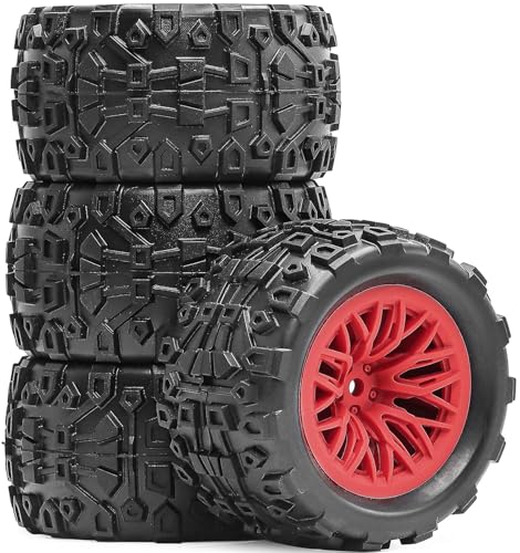 Pre-Glued 1/16 & 1/18 RC Monster Truck Rubber Tire & Nylon Wheel - 12mm Hex | Rubber Tires with Foam Fits for ARRMA 1/18 Granite/Typhon Grom, WLtoys A949, MJX Hyper Go H16 (4PCS, Red) - color: Red