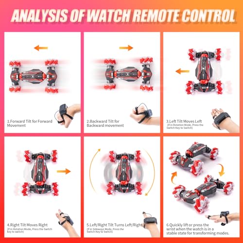 Gesture Sensor RC Stunt Car, RC Twist Car Toy for Kids 5-12 | Dual control: gesture watch + remote. 4WD all-terrain, 360° flip drift, light and music. Good birthday gift for the boy. - color: L-deep Red