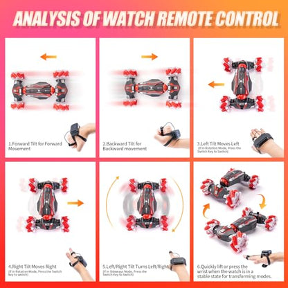 Gesture Sensor RC Stunt Car, RC Twist Car Toy for Kids 5-12 | Dual control: gesture watch + remote. 4WD all-terrain, 360° flip drift, light and music. Good birthday gift for the boy. - color: L-deep Red