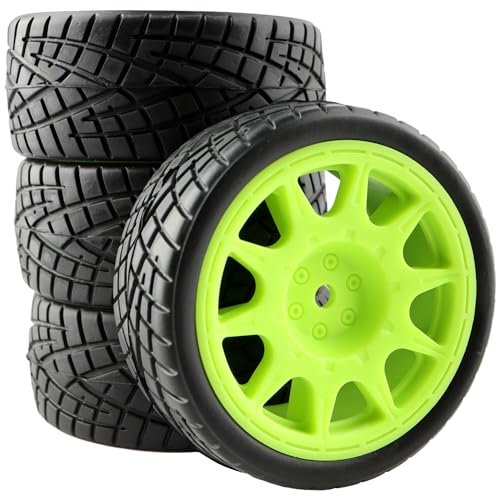1/10 Scale OD2.55 RC On Road Touring Racing Tires 12mm Hub Wheel Hex Compatible with Traxxas 4 Tec 2.0 Tamiya TT01 XV01 Kyosho WR8 Sakura WLtoys HPI 1/10 Arrma Grom RC Cars(Green) - color: Green