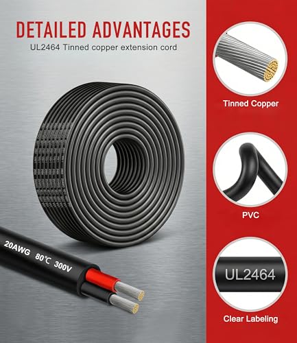 XINWANG 20AWG 2-Conductor Electrical Wire, UL2464, 16.4FT | 20AWG 2-core stranded tinned copper flexible wire, PVC insulated, UL2464; for LED strips, automotive, outdoor landscape, DIY. - size: 20AWG-2C(2x0.52mm²)-5M