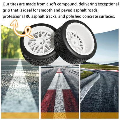 OD 2.55" On Road Rubber Tires Nylon Wheels- 12mm Hex for 1/10 RC Racing Car | Compatible with MJX HSP Tamiya HPI Kyosho Traxxas Sakura Redcat WLtoys 1/10 RC On-Road Racing Touring Car (4pcs, White) - style: E-White