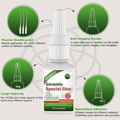 30g Ceramic Glue, Instant Ceramic Super Glue for Porcelain &Pottery | Fast Drying | Heat Resistant | Waterproof Strong Adhesive for Bonding Ceramic, Dishes, Tiles, DIY Crafts - size: Ceramic Glu
