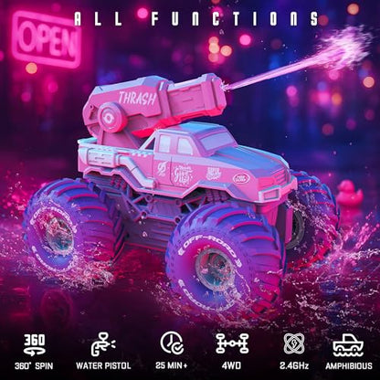 BEZGAR Amphibious Remote Control Car - Pink Monster Truck for Girls | 1:16 Scale RC Boats 2.4GHz Waterproof with Shooting Water Pistol, 4WD All-terrian Off-Road Pickup Outdoor, Girls Kids Gifts - color: Pink