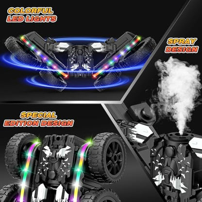 Jimdella RC Cars Toys, 2-in-1 Remote Control Car Transform 4WD with Spray & LED Lights, 2.4GHz Off-Road Stunt Truck for 360° Flips Gift for Boys Age 8-12 (Black) - color: Black