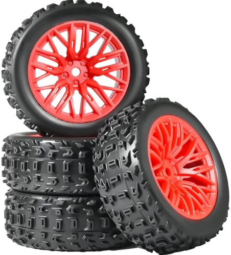 Pre-Glued 1/16 & 1/18 RC Monster Truck Tire & Wheel 70x26mm wtih 12mm Hex | Rubber Tires with Foam Fits for ARRMA 1/18 Granite/Typhon Grom, WLtoys A949, MJX Hyper Go H16 (4PCS, Red) - color: Red