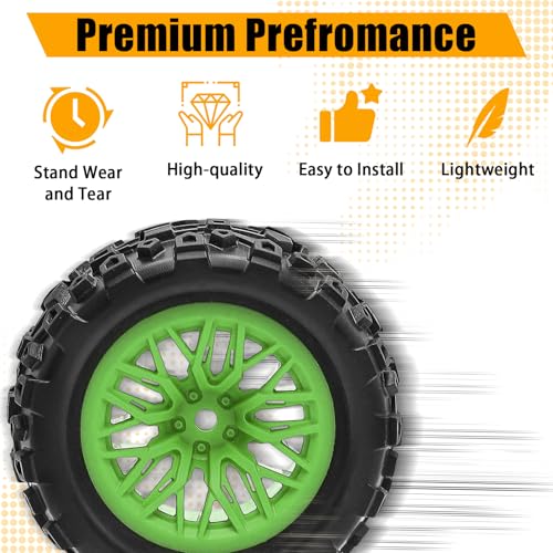 Pre-Glued 1/16 & 1/18 RC Monster Truck Rubber Tire & Nylon Wheel - 12mm Hex | Rubber Tires with Foam Fits for ARRMA 1/18 Granite/Typhon Grom, WLtoys A949, MJX Hyper Go H16 (4PCS, Green) - color: Green