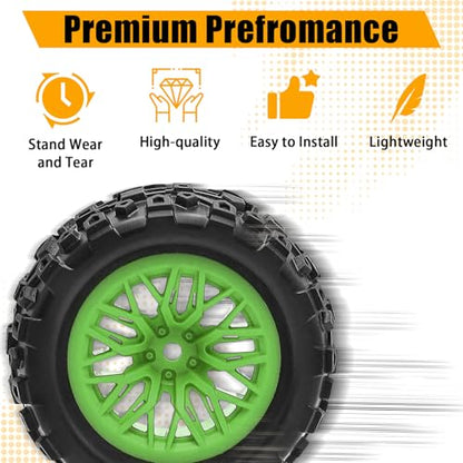 Pre-Glued 1/16 & 1/18 RC Monster Truck Rubber Tire & Nylon Wheel - 12mm Hex | Rubber Tires with Foam Fits for ARRMA 1/18 Granite/Typhon Grom, WLtoys A949, MJX Hyper Go H16 (4PCS, Green) - color: Green