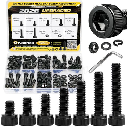 Kadrick M6 Screws Kit 125PCS, Optimized Socket Head Cap Screws Assortment with Higher Screw Ratio, Class 12.9 Alloy Steel, Black Zinc Plated M6 Bolts Nuts & Washers for Mechanical, Repair & DIY Use - size: M6 125Pcs New