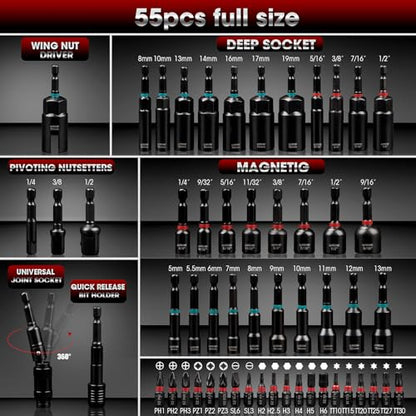 55Pcs Magnetic Impact Nut Driver Set SAE/Metric | Deep Driver Bits, Extension, Pivoting & Wing Nut Setters, for Impact Drills, Car Maint, DIY & Furniture Assembly - size: 55Pcs Magnetic Impact Nut Driver Set
