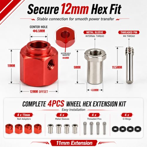 4PCS 12mm Hex Hub 11mm Offset Wheel Hex Extension for Traxxas TRX4 TRX6 | CNC Metal Wheel Spacer for RC Crawlers Helps Increase Track Width and Side-Hill Stability Reduce Vibration Add Tire Clearance - color: red