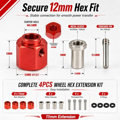 4PCS 12mm Hex Hub 11mm Offset Wheel Hex Extension for Traxxas TRX4 TRX6 | CNC Metal Wheel Spacer for RC Crawlers Helps Increase Track Width and Side-Hill Stability Reduce Vibration Add Tire Clearance - color: red