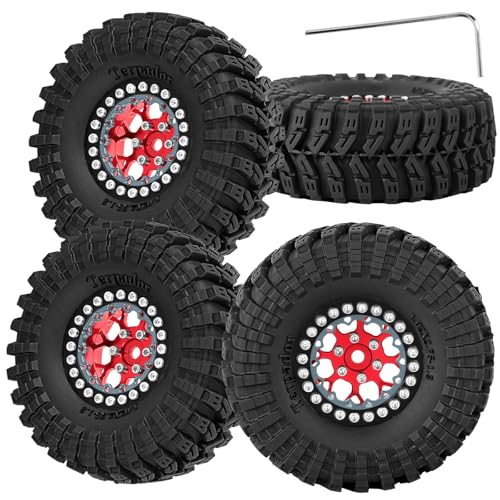 RC 1.3 Beadlock Wheel Tires Set (4PCS) for 1/24 SCX24 1/18 TRX4M RC Crawler Car,Aluminum 1.3 Beadlock Wheels and Tires,Wheel Rim,Red - color: Red- (Rc Wheels Tires)