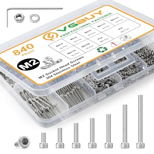 VGBUY 840pcs M2 Screw Assortment Kit,M2 x 4/6/8/10/12/16/20mm Hex Socket Head Cap Screws Bolts Nuts Washer Kit,304 Stainless Steel Machine Screws Suitable for 3D Printer DIY - size: M2x4/6/8/10/12/16/20mm, style: Socket Head