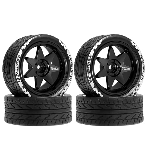REDSPIDER 1/10 On Road Tires and Metal Wheels 12mm Hex RC Rally Racing Tyres OD 2.55" 4PCS for Tamiya TT01 TT02 XV01 TA06 A959 PTG2 HPI KYOSHO PTG2 Traxxas 1:10 Street Touring Drift Car (Black) - color: Black