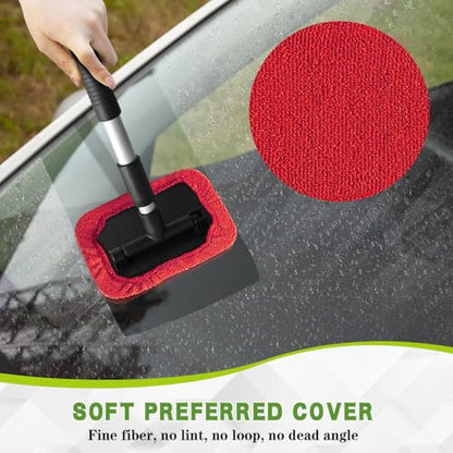 Windshield Cleaning Tool, Car Cleaning Window Tool, Car Window Cleaner with Unbreakable Extendable Handle and Microfiber Cloth, Scratch-Free Car Cleaning Brush for Auto Glass Wiper (Red) - color: Red