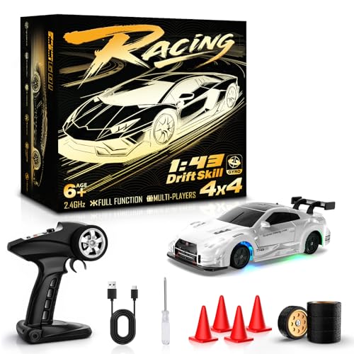 RC Drift Car, 1/43 Mini RC Drift Car with Gyro, 2.4GHz Full Proportional Control, 20M/H 4WD High Speed Remote Control Alloy, LED Lights & Drift Tires, Toys Gift for Adults, Boys and Girls - color: White