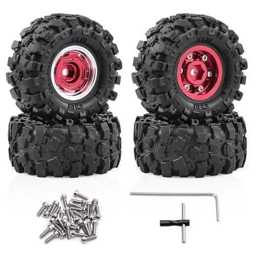 1.0" Beadlock Aluminum Wheels and 57mm Soft Rubber Tires | for SCX24, TRX4M, Ascent 18, FCX24, 1/18 1/24 RC Crawler, 7mm Hex, 0mm Offset, with Foam Inserts, (Red 101) - color: Red 101