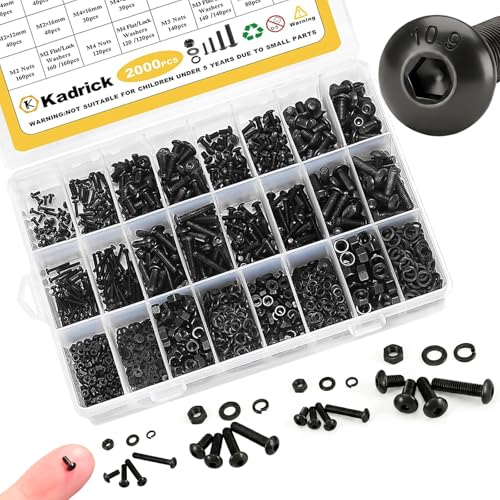 KADRICK M2-M5 Metric Screw Assortment,2000PCS Hex Socket Button Head | Metric Screw Kit,Nuts Flat & Lock Washers Included，Class 10.9 Alloy Steel,Black Oxide Finish Finish - size: M2-M5 2000Pcs