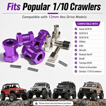 4PCS 12mm Hex Hub 20mm Aluminum Extension Hex for Axial SCX10 D90 90046 | 20mm CNC Wheel Hex Extenders for 1/10 RC Crawlers Redcat Gen7/Gen8 CC01 RC4WD Wider Stance & Tire Clearance with M4 Nuts Pins - color: Purple