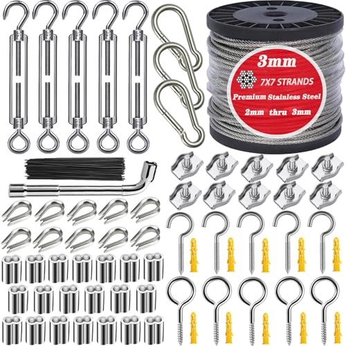 Roxanned 1/8" Wire Rope Kit 100FT | 7x7 Core Vinyl Coated Stainless Steel Cable with Turnbuckles | Heavy-Duty for String Light, Garden Fence, Plant Hanger & Outdoor Decor - size: 100 ft