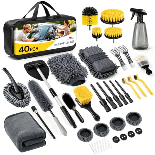 40 Pcs Car Detailing Kit Interior, Tote Includes Premium Drill Brush | Windshield Cleaning Tool Interior,Detailing Brushes Tire Brush Towels and Wheel Car Wash Kit for Cars, Trucks and Motorcycles - size: 40Pcs