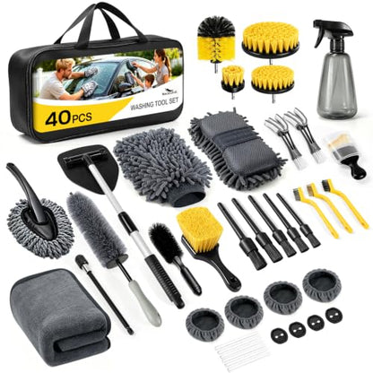 40 Pcs Car Detailing Kit Interior, Tote Includes Premium Drill Brush | Windshield Cleaning Tool Interior,Detailing Brushes Tire Brush Towels and Wheel Car Wash Kit for Cars, Trucks and Motorcycles - size: 40Pcs