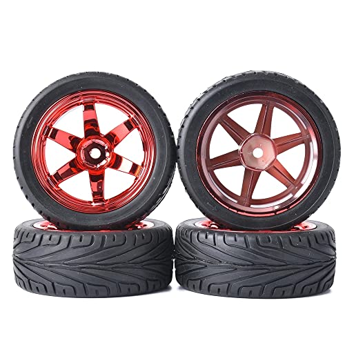 4PCS RC Car Rubber Tires and Plastic Wheels Rims Compatible with 1/10 Scale On Road Touring Racing Flat Drift Car for HSP HPI Tamiya (Red) - color: Red