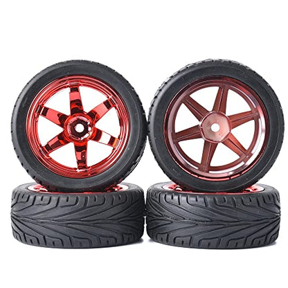 4PCS RC Car Rubber Tires and Plastic Wheels Rims Compatible with 1/10 Scale On Road Touring Racing Flat Drift Car for HSP HPI Tamiya (Red) - color: Red