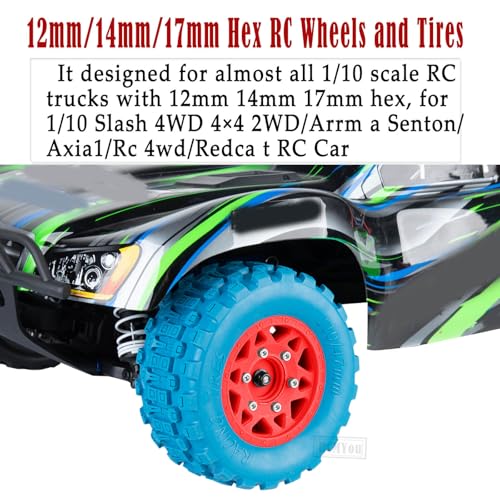 RC F/R Wheels and Tires Set w/Detachable Replace Running on Off-Road Tire RC Wheel Hex for 1/10 Slash 4WD 4×4 2WD/Arrm a Senton/Axia1/Rc 4wd/Redca t,12mm/14mm/17mm Hex,Red-Navy Blue（4PCS - color: Red-navy Blue(rc Wheels Tires)