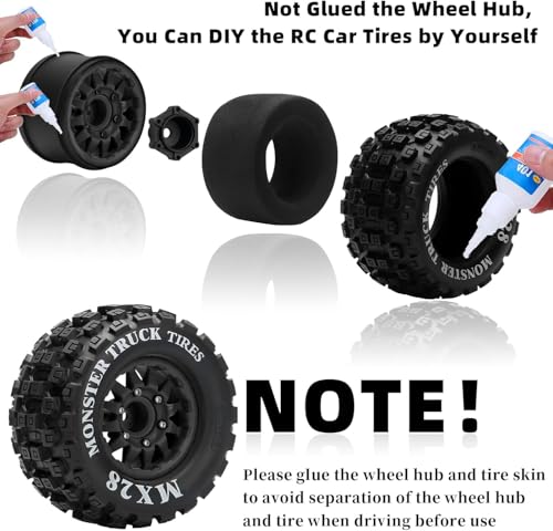 2.8" RC Tires with 12mm/14mm Hex Adapter 1/10 Scale RC Truck Tires RC Wheels and Tires Set for Traxxas Arrma Rustler Stampede 4PCS (Black) - Not Glued - color: Black