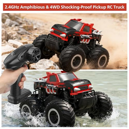 HOMETALL Amphibious Remote Control Car Monster Truck Toys - 1:16 All Terrain RC Trucks High Speed RC Cars with Crashworthy Body,Off- Road Electric Vehicle Kid Toys for Boys and Girls,Age 6+,Red - color: Red-black
