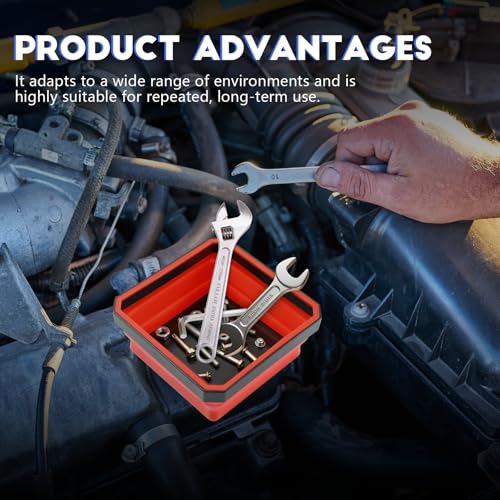 Collapsible Magnetic Parts Tray, 4.5 Inch Square Silicone Tray Holder with Double-Sided Magnetic Base, Foldable Tool Trays for Screw Bolts Nuts Pins Small Parts, Car Accessories (Red) - color: Red