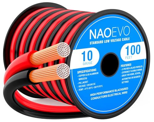 NAOEVO 10 Gauge Wire 2 Conductors, CCA Red Black Electrical Wire, 100FT | Flexible, High Conductivity & Wear-Resistant 10 AWG Wire with PVC insulation for Automotive, Speaker, LED, Marine, 12V/24V DC - size: 100ft, style: 10AWG