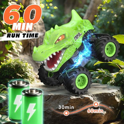 Dinosaur Remote Control Car, 2.4GHz Monster Truck Toys Rechargeable RC Cars 1:24 Scale RC Truck with LED Light Movable Mouth, Dinosaur Cars Toys for Kids Boys 6-8 8-12 Birthday Gift, Green - color: Green