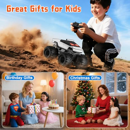 Remote Control Car with LED Eyes, Amphibious Monster Truck Boys Toys RC Cars, 2.4 GHz Waterproof RC Trucks, Rechargeable 4WD All Terrain Off-Road Pickup, Boy Christmas Birthday Gifts Kids Toys Ages 6+ - color: Light Silver