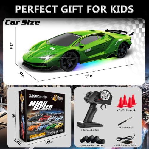 RC Drift Car 1:24 Remote Control Car 4WD 15KM/H High Speed Racing Sport Car with LED Lights RC Cars Toy for Kids Boys Girls Adults Gifts Birthday Christmas - color: Green