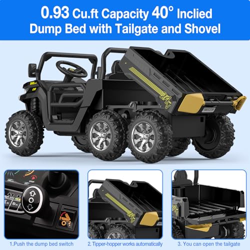 Hetoy 24V 2-Seater Ride On Dump Truck with Parent Remote Control, 4WD 6-Wheel Electric Car for Big Kids, UTV Style Dump Bed & Music Horn, ASTM/CPSIA Certified (Ages 3+) - color: Black