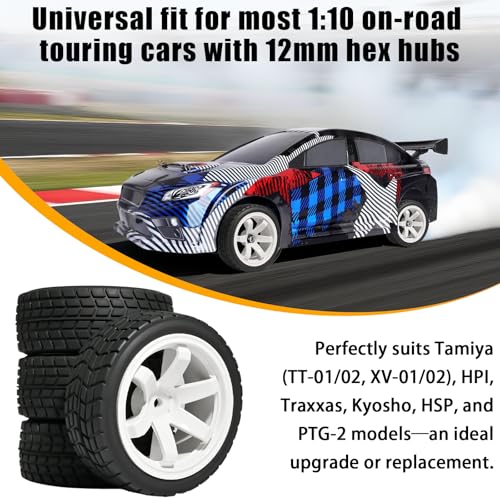 OD 2.65" On Road Rubber Tires Plastic Wheel Rims 12mm Hex for 1/10 RC Car | Compatible with MJX HSP Tamiya HPI Kyosho Traxxas Sakura Redcat WLtoys 1/10 RC On-Road Racing Touring Car (4pcs, White) - style: C-White