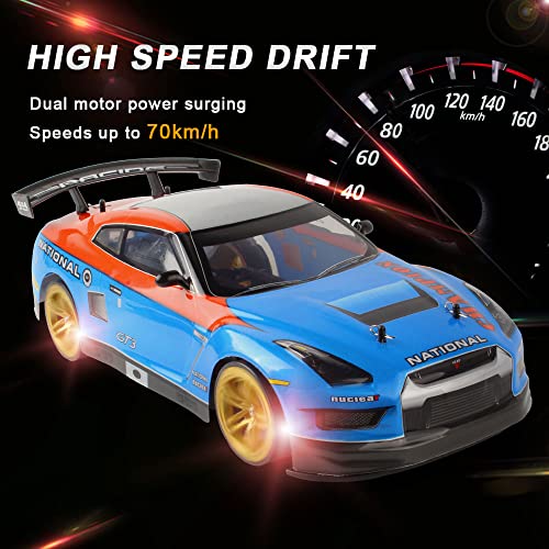 RC Buggy 70km/H High-Speed Drift Racing 2.4G 4WD Electric RC Vehicle RC Flat Running Drift Rally Racing Rubber Tire RC Truck Gift Replacement Tires,2 Batteries - color: Blue