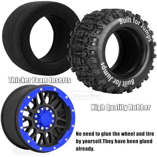 1/8 1/10 17mm Hex RC Truck Tires,Wheels and Tires for 1/10 E-Revo T-Maxx Summit,1/8 Kraton Outcast 6S,Sledge,Buggy Rubber Tyres and Rims w/Foam Insert for RC Off-Road Car,Black-Navy Blue - color: Black&navy Blue(4pcs)