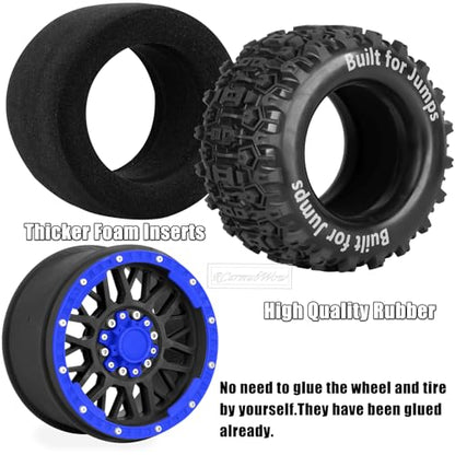 1/8 1/10 17mm Hex RC Truck Tires,Wheels and Tires for 1/10 E-Revo T-Maxx Summit,1/8 Kraton Outcast 6S,Sledge,Buggy Rubber Tyres and Rims w/Foam Insert for RC Off-Road Car,Black-Navy Blue - color: Black&navy Blue(4pcs)