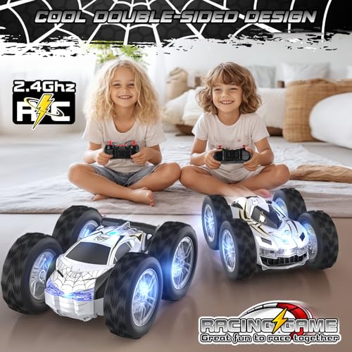 Double Sided Remote Control Car for Kids Boys 4-7, Spider RC Flip Stunt Car with Changeable Lights, Easter Birthday Gift for 3 4 5 6 7 8 9 Year Old Girl Cool Stuff Race Car Carros Para Niños 3+ Años - color: Silver