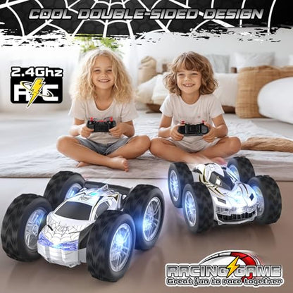 Double Sided Remote Control Car for Kids Boys 4-7, Spider RC Flip Stunt Car with Changeable Lights, Easter Birthday Gift for 3 4 5 6 7 8 9 Year Old Girl Cool Stuff Race Car Carros Para Niños 3+ Años - color: Silver