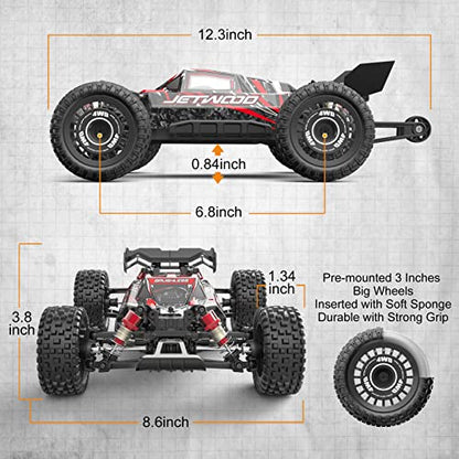 Jetwood 1:16 Fast RC Car, Brushless 42MPH Remote Control Car for Adults - High Speed 4WD RTR RC Truck with 2 LiPo Batteries & DIY Body, JC16EP Red