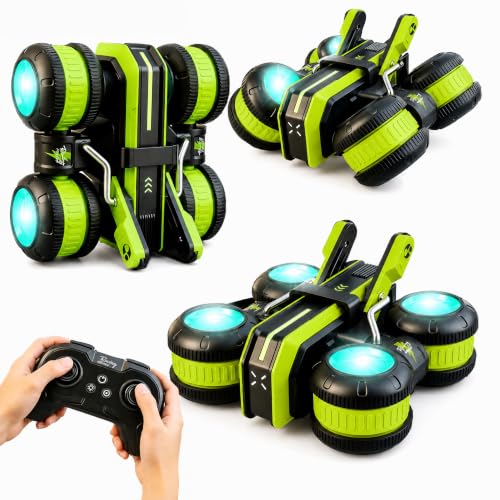 High Speed RC Stunt Car 25KM/H, 2.4GHz 4WD Remote Control Drift Car | Upright & Side Driving, One-Click Auto Stunts, Tire Flipping, 360° Rotation, Birthday Toy Gift for Kids Boys Ages 4-12 - color: Green