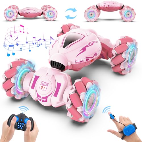 Dysaim Gesture RC Car, Gesture Sensing RC Stunt Car Toys for Kids 6-12 yr, 2.4GHz 4WD Hand Remote Control with Lights Music, Off-Road 360° Rotation Drift for Birthday Toy Gifts - color: Pink