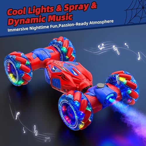VisionX RC Stunt Car, 4WD 360° Rotating Gesture Sensing Remote Control | Outdoor Cars Toys for Ages 6-12, Double‑Sided with Lights, Music & Spray, 2 Replaceable Batteries - color: Red-spider