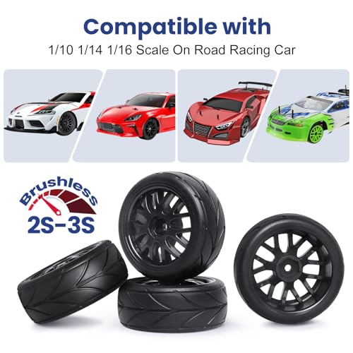 12mm Hex 1/10 On-Road Tires & Wheels – 65mm Soft Compound Set with Foam Inserts for Traxxas 4-Tec 2.0 Tamiya TT02 TT01 Drift Cars (4PCS, Unmounted)
